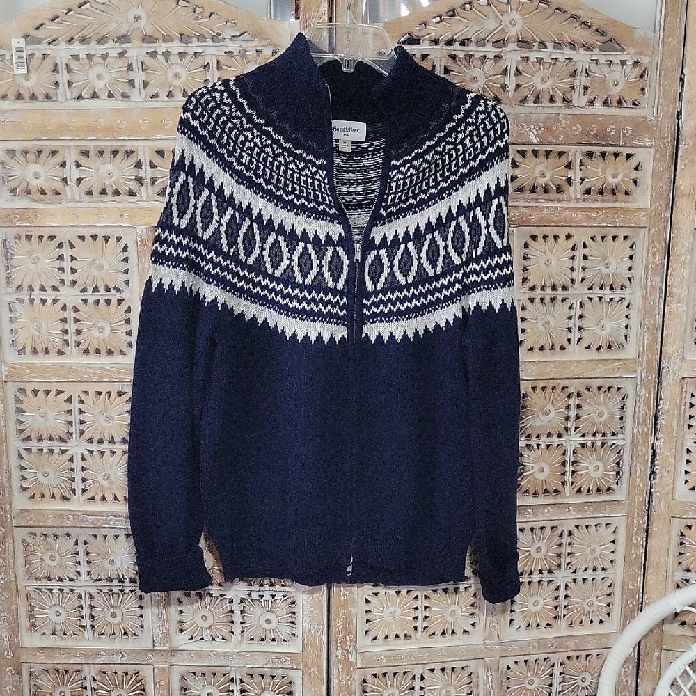 Navy and White Knit Full Zip Cardigan Nordic Sweater M